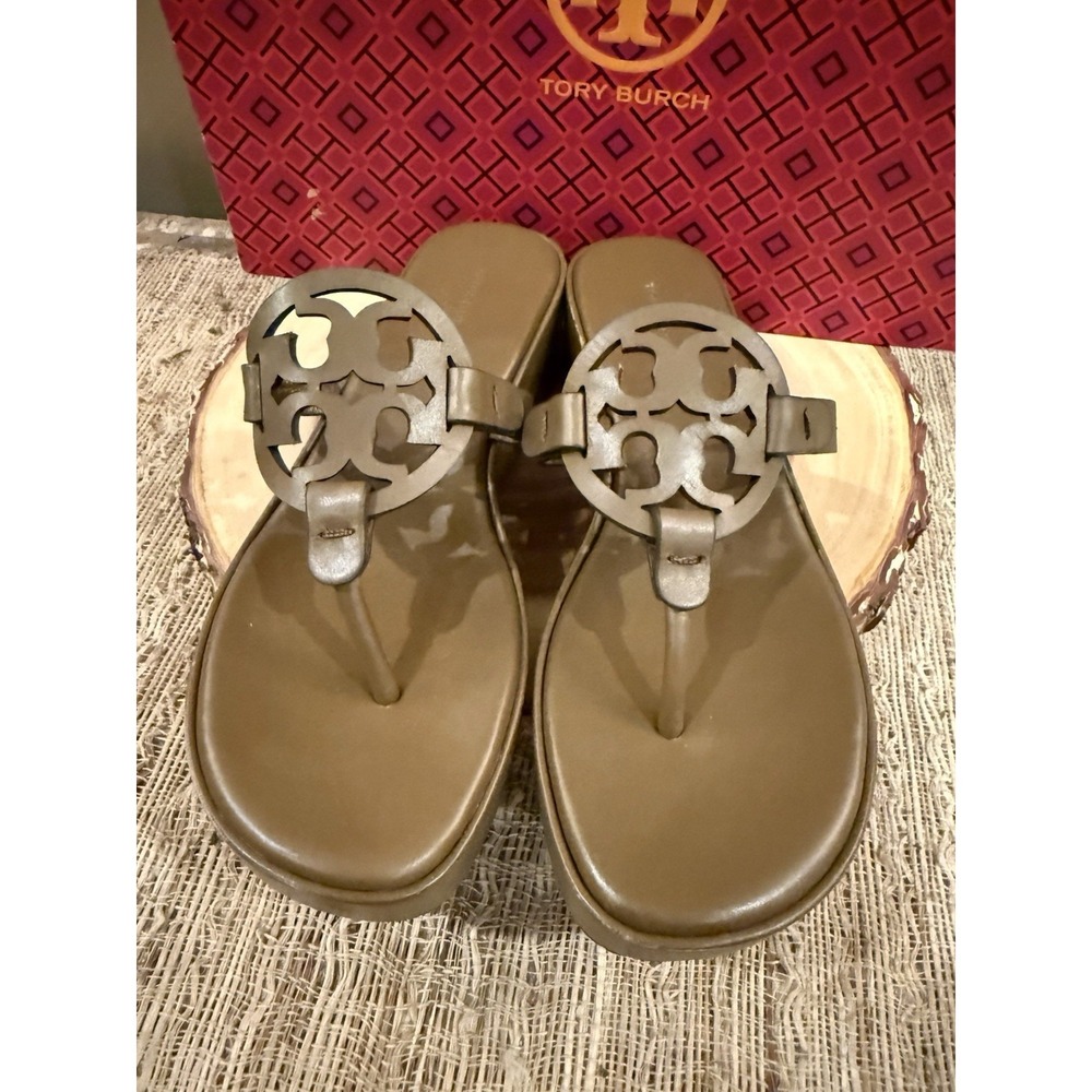 NEW TORY BURCH MILLER WEDGE 25mm BROWN LEATHER SANDALS 6M - Picture 7 of 10